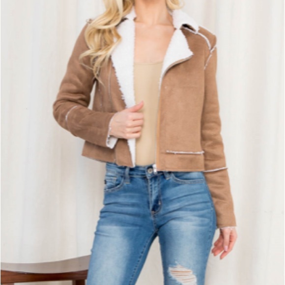 Faux Suede Sherpa Lined Short Moto Style Jacket - Picture 11 of 11